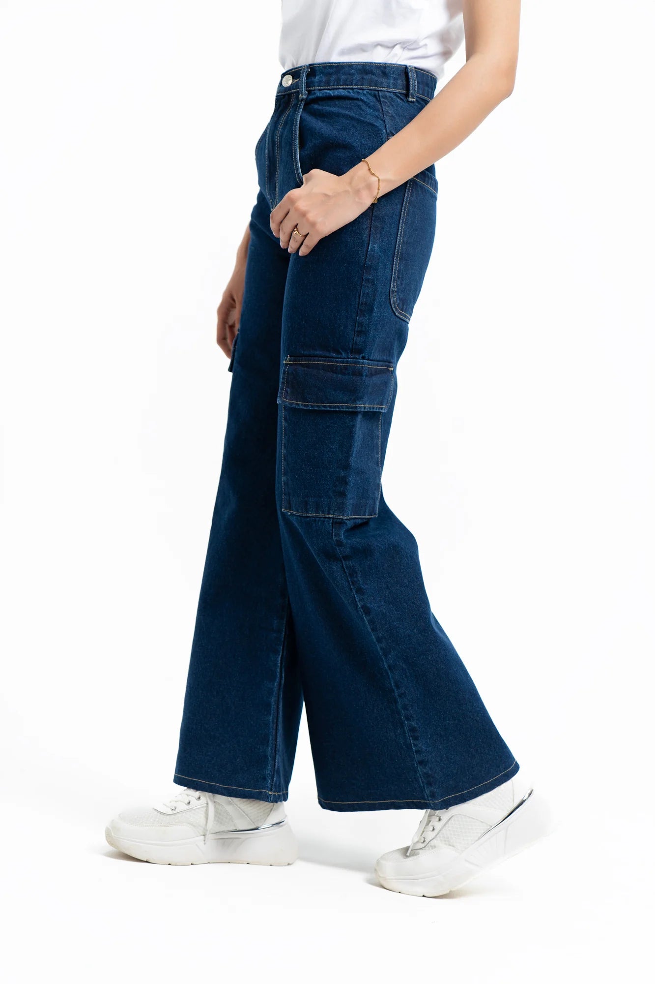 Indigo Blue High Waist Wide Leg Cargo Jeans