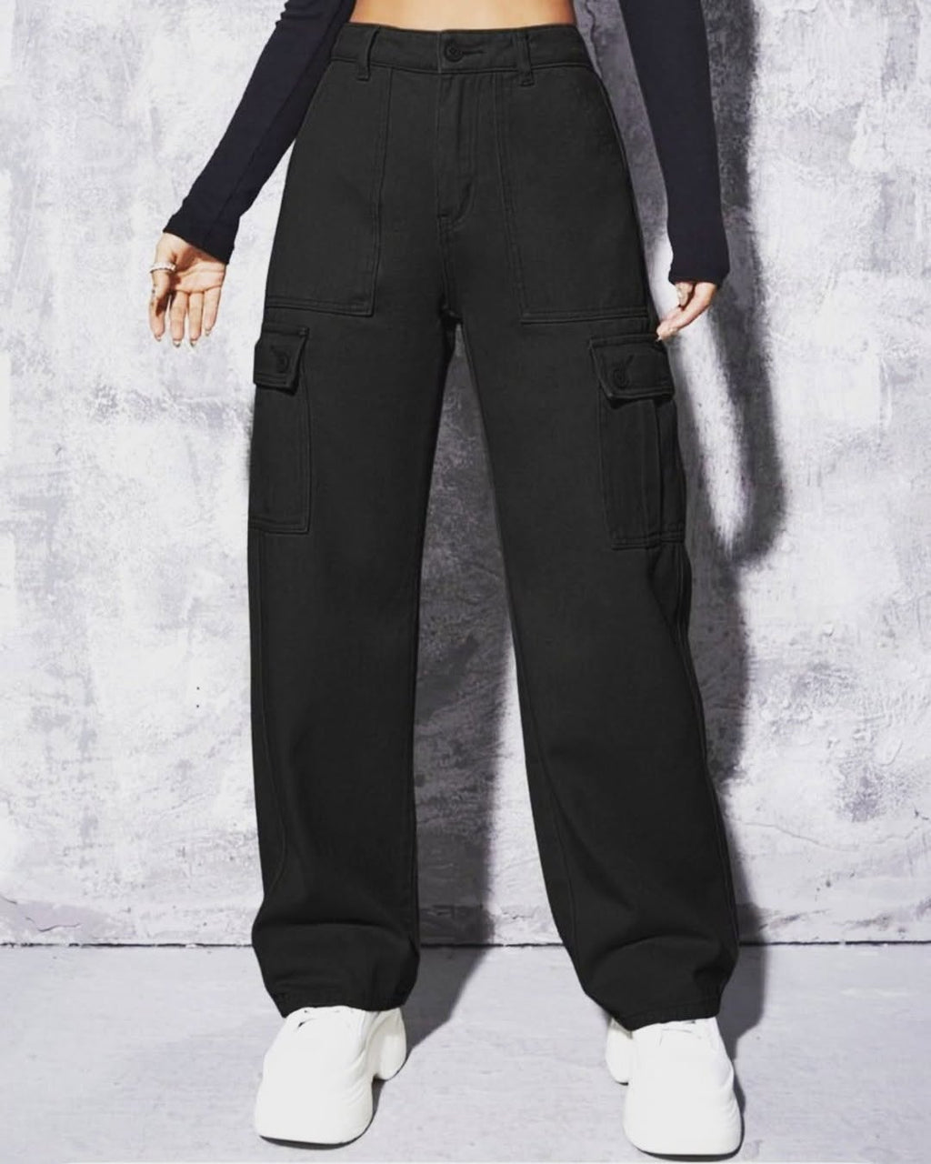 High Waisted Wide Leg Jeans Cargo Pockets in Jet Black