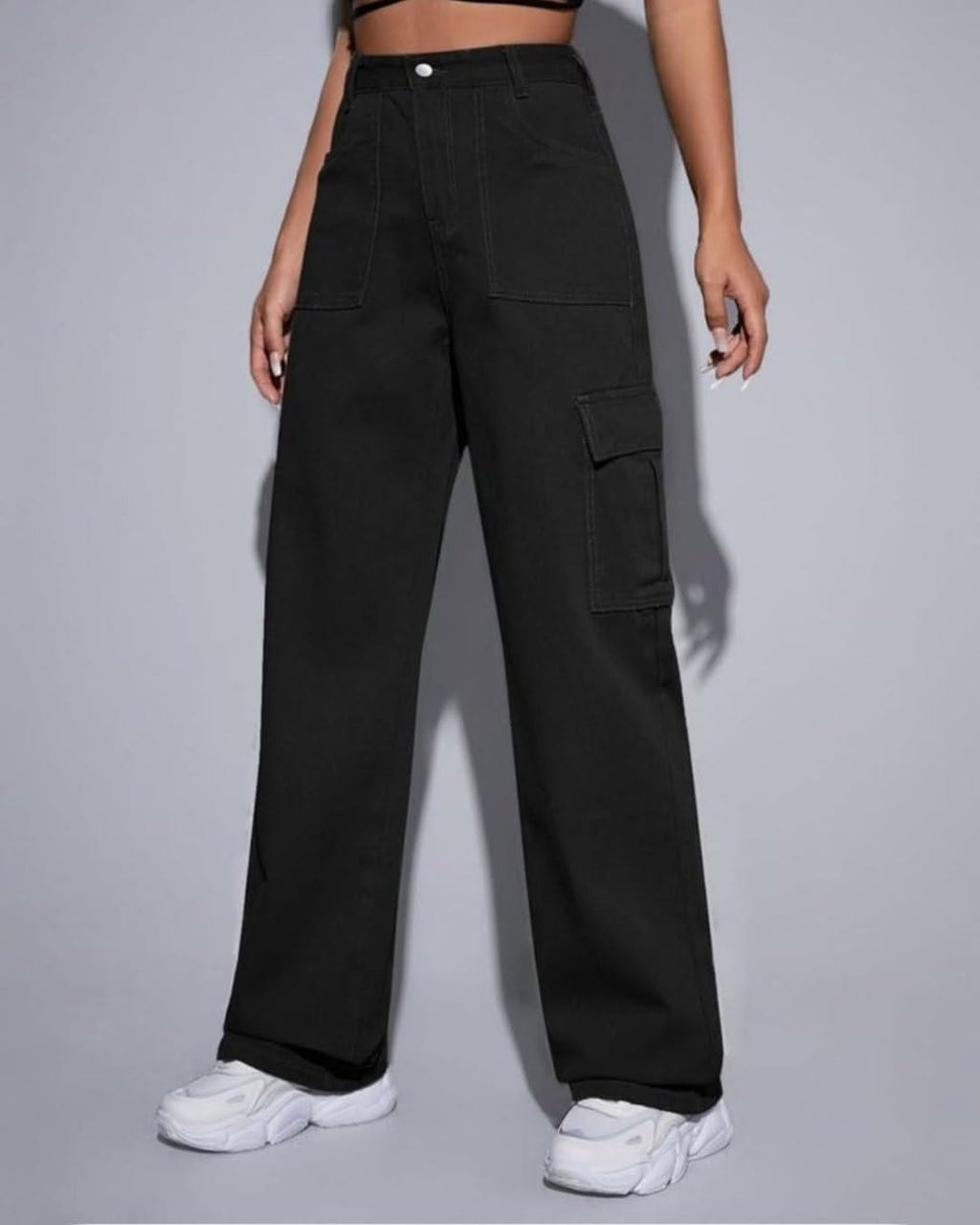 High Waisted Wide Leg Jeans Cargo Pockets in Jet Black