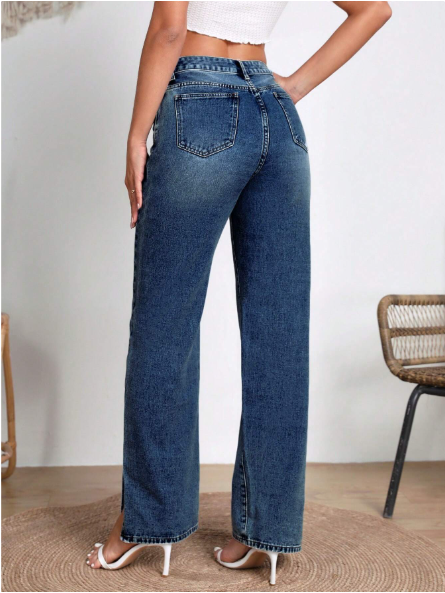 Dark Blue Wisker Slit High-Waist Loose Jeans