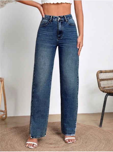 Dark Blue Wisker Slit High-Waist Loose Jeans