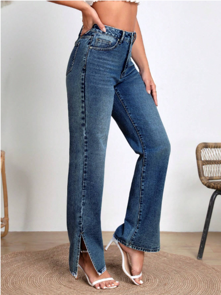 Dark Blue Wisker Slit High-Waist Loose Jeans