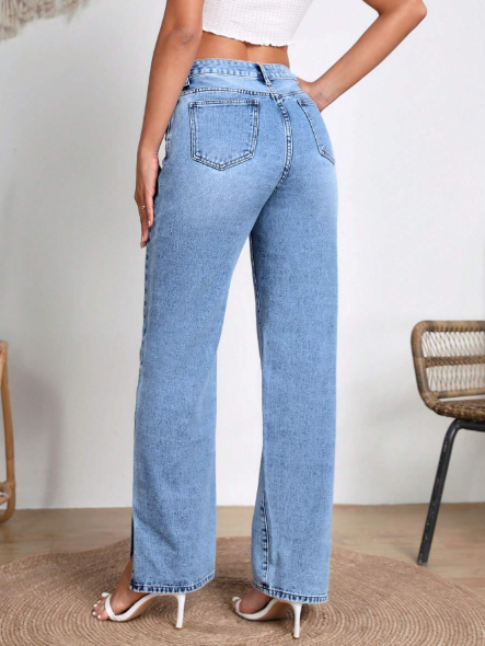 Ice Blue Slit High-Waist Loose Jeans