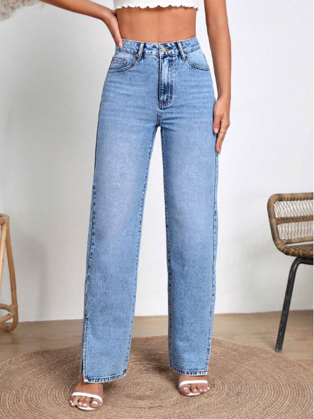 Ice Blue Slit High-Waist Loose Jeans