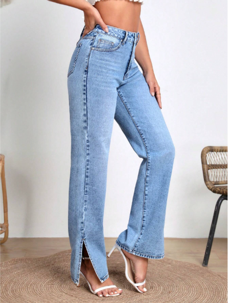 Ice Blue Slit High-Waist Loose Jeans