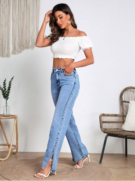 Ice Blue Slit High-Waist Loose Jeans