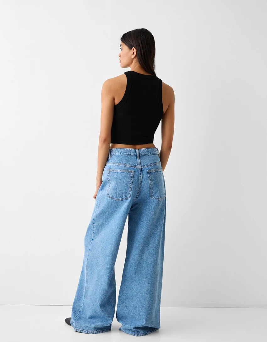 Mid Wash High Waist Wide Leg Jeans