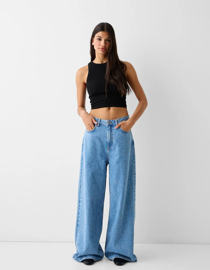 Mid Wash High Waist Wide Leg Jeans