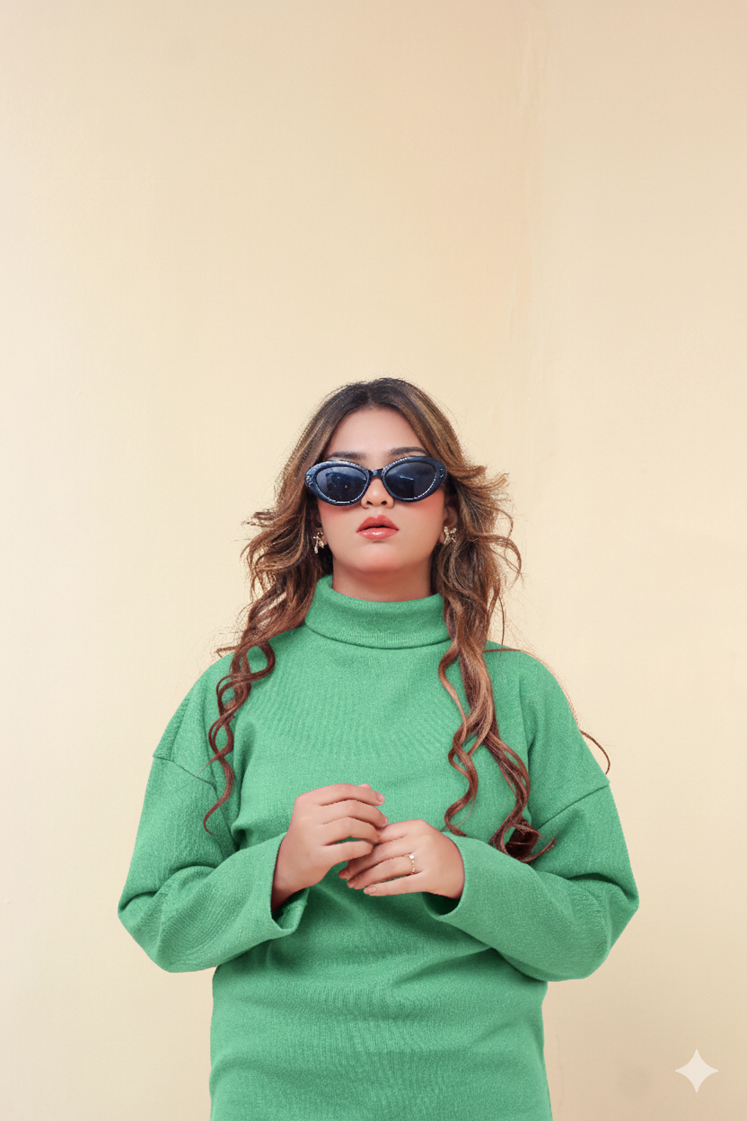 Zaibaish Turtleneck Drop-shoulder Knit Co-ord Set- GREEN