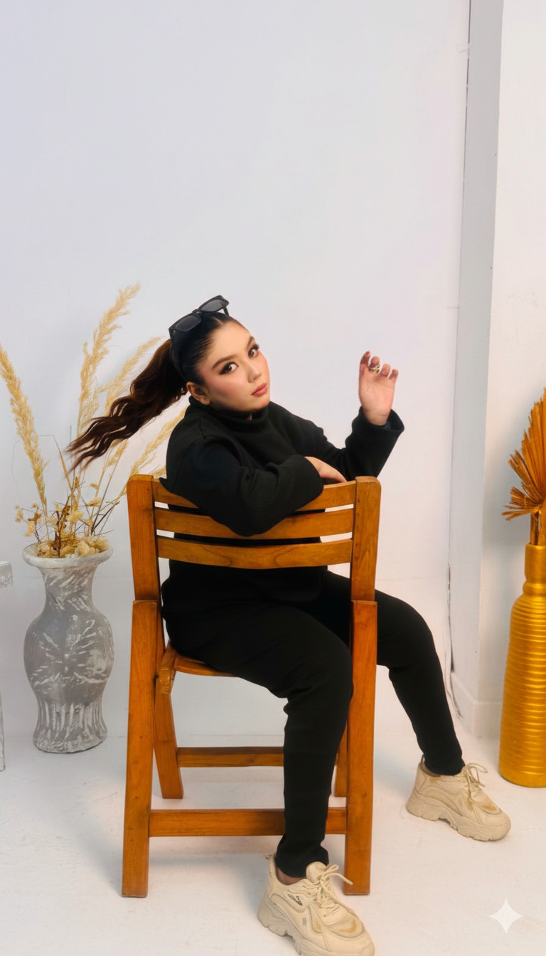 Zaibaish Turtleneck Drop-shoulder Knit Co-ord Set- BLACK