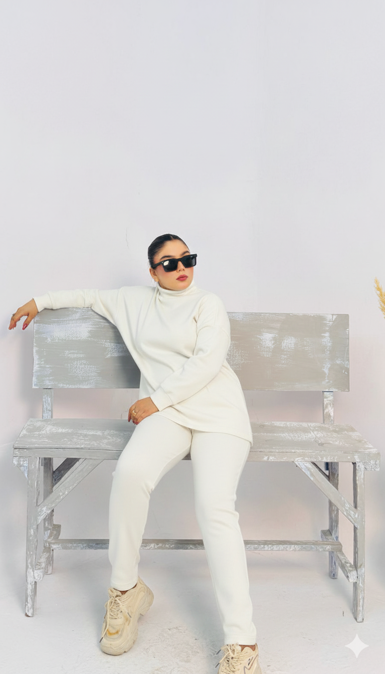 Zaibaish Turtleneck Drop-shoulder Knit Co-ord Set- WHITE