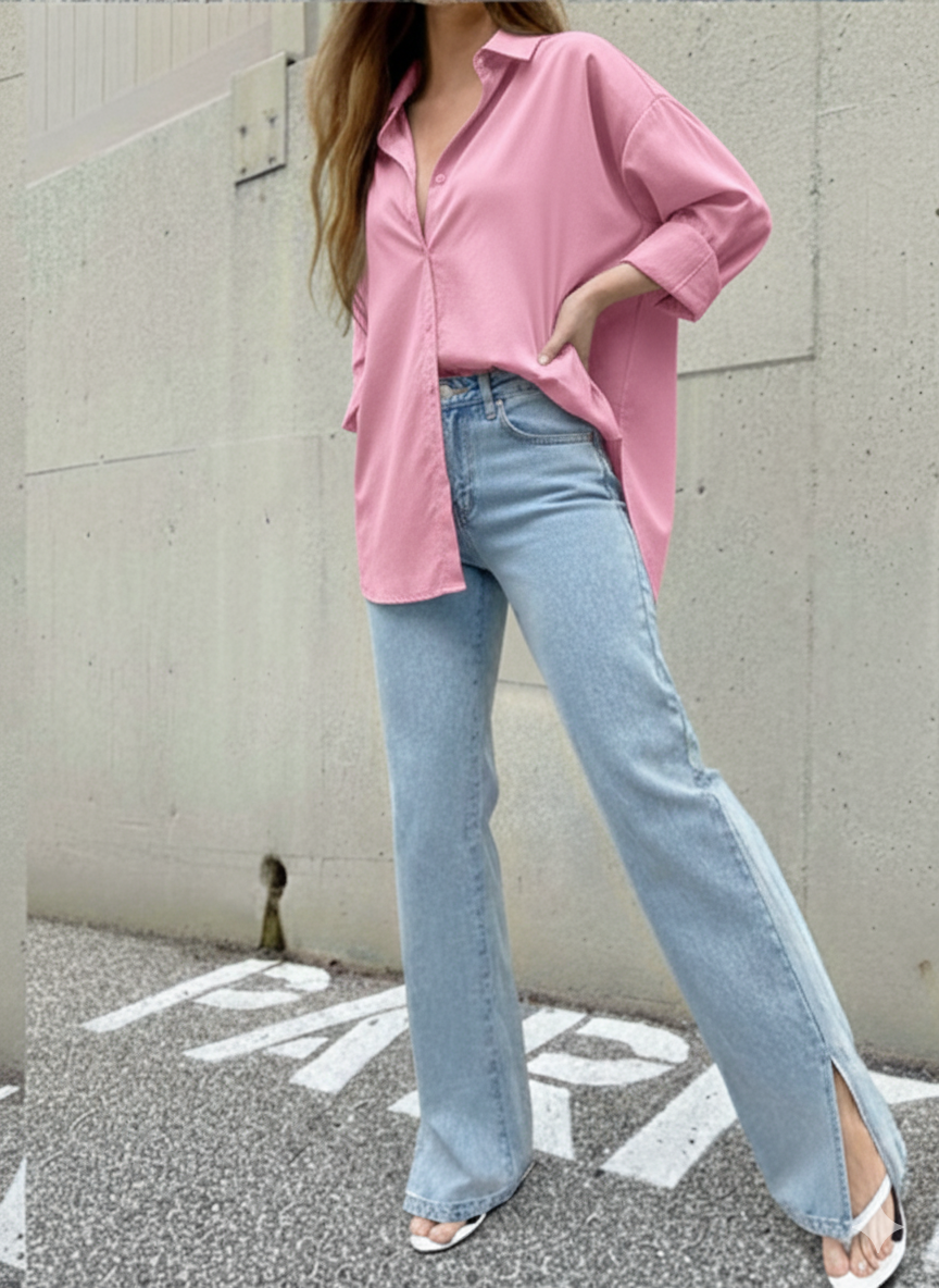 Pink Button Down Casual Loose Long Sleeve Shirt