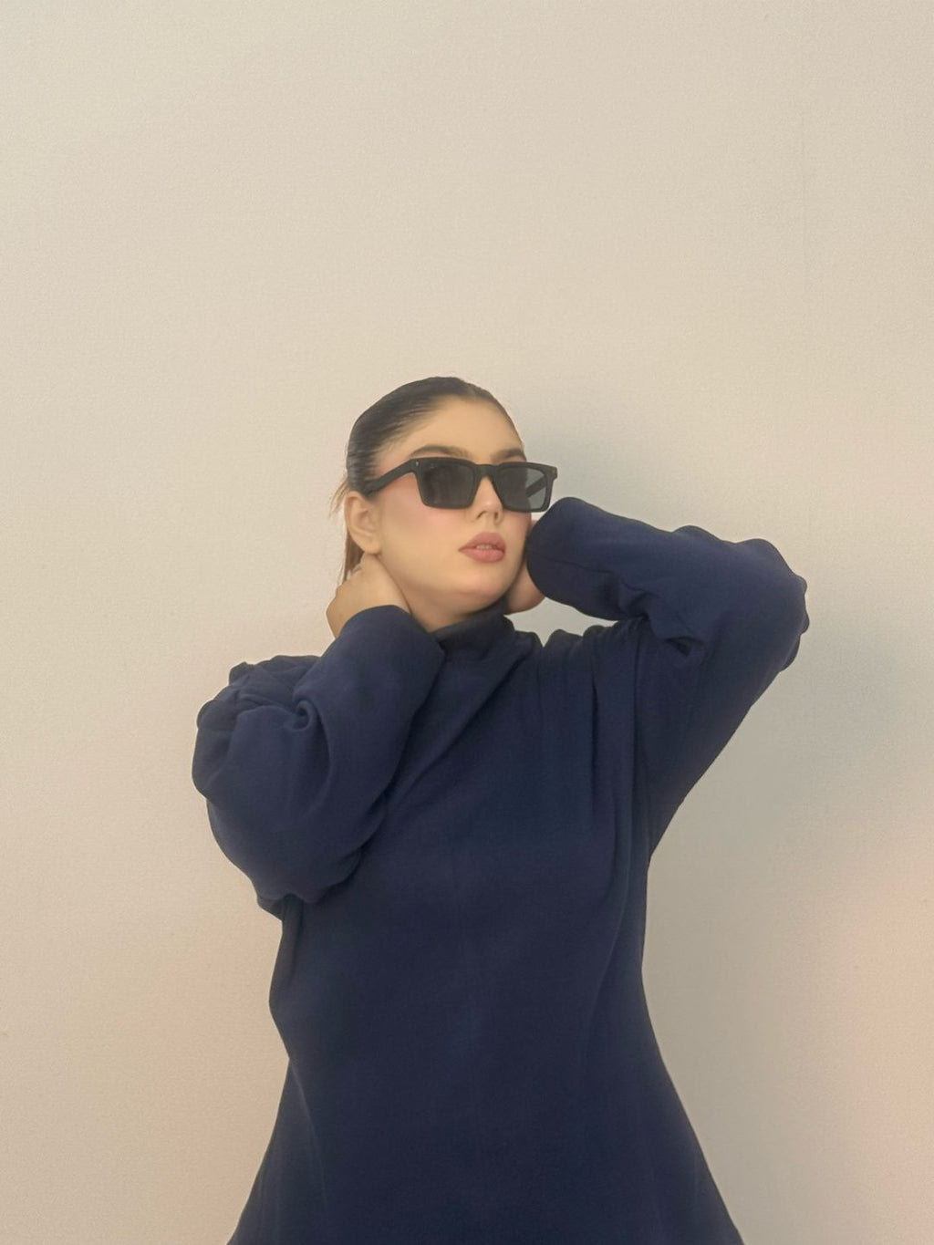 Zaibaish Turtleneck Drop-shoulder Knit Co-ord Set- BLUE