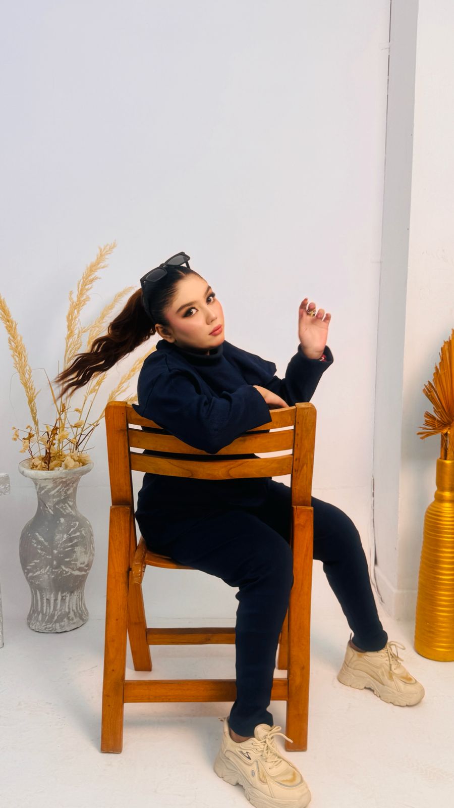 Zaibaish Turtleneck Drop-shoulder Knit Co-ord Set- BLUE