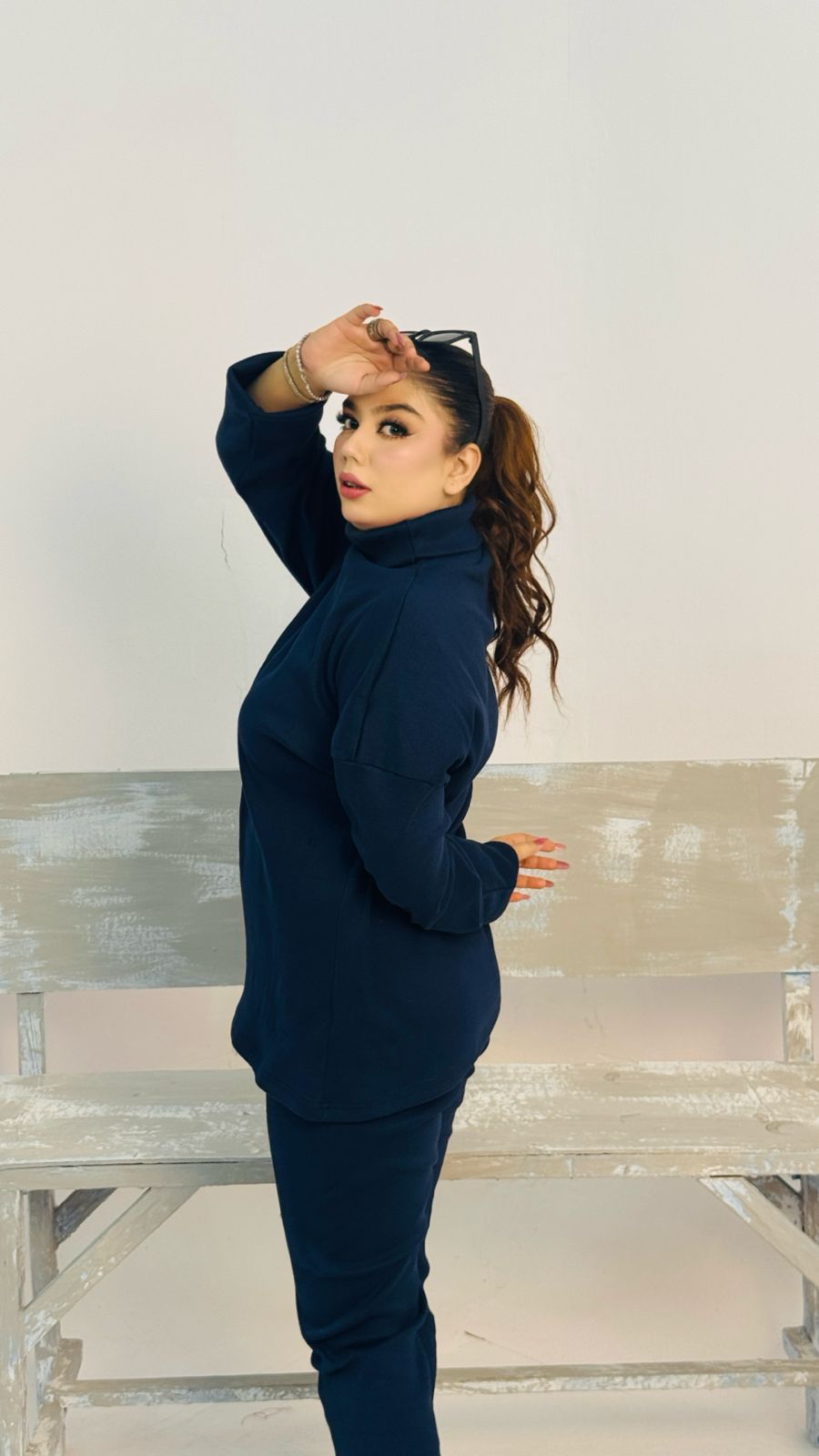 Zaibaish Turtleneck Drop-shoulder Knit Co-ord Set- BLUE