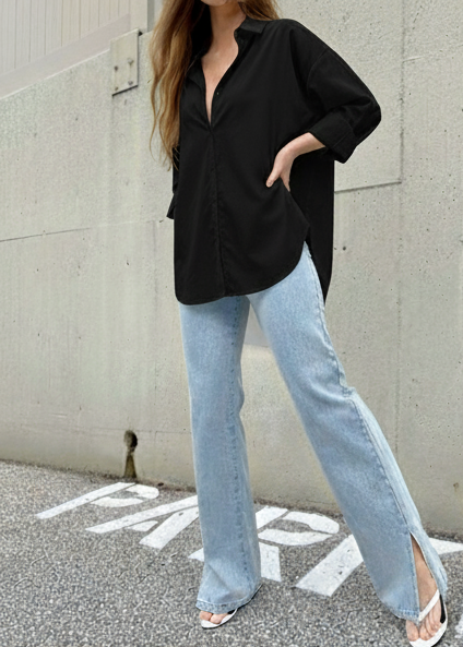 Black Button Down Casual Loose Long Sleeve Shirt