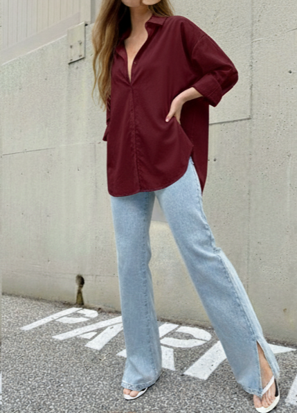 Maroon Button Down Casual Loose Long Sleeve Shirt