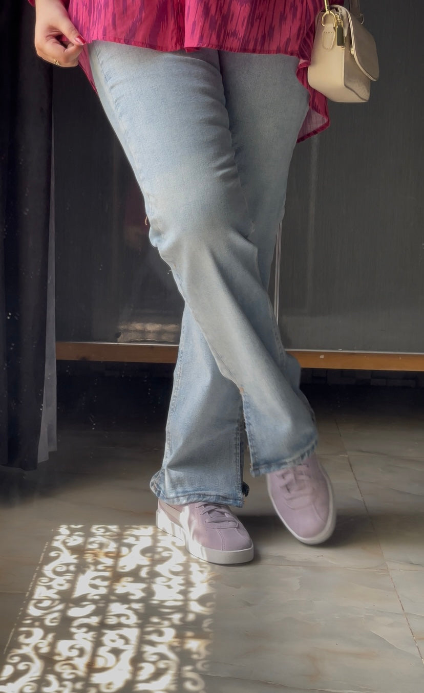 Ice Blue Slit High-Waist Loose Jeans