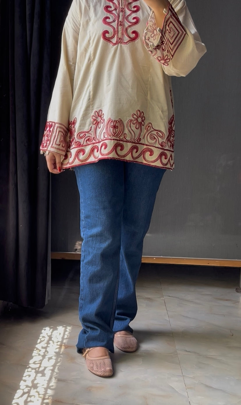 Dark Blue Wisker Slit High-Waist Loose Jeans