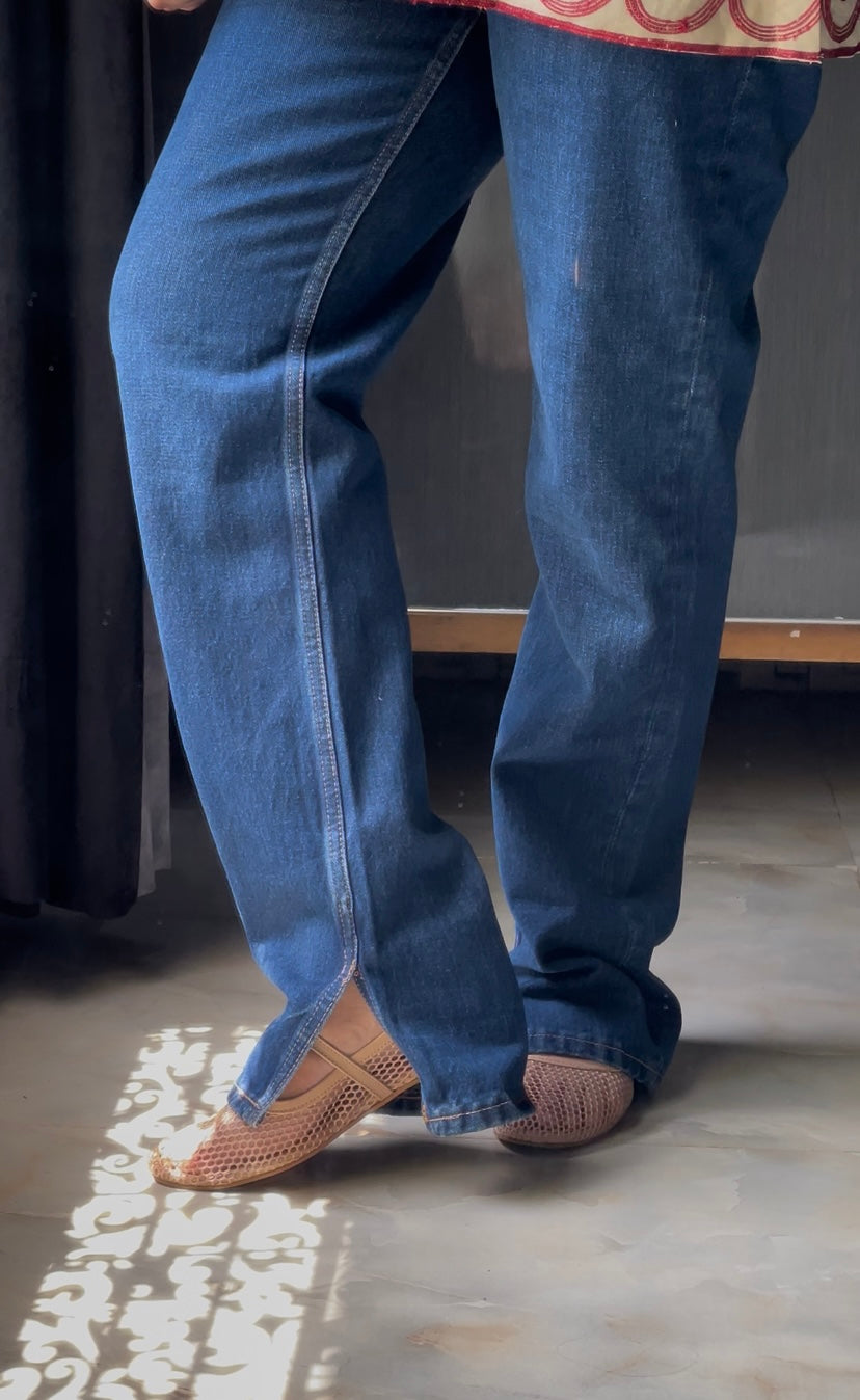 Dark Blue Wisker Slit High-Waist Loose Jeans