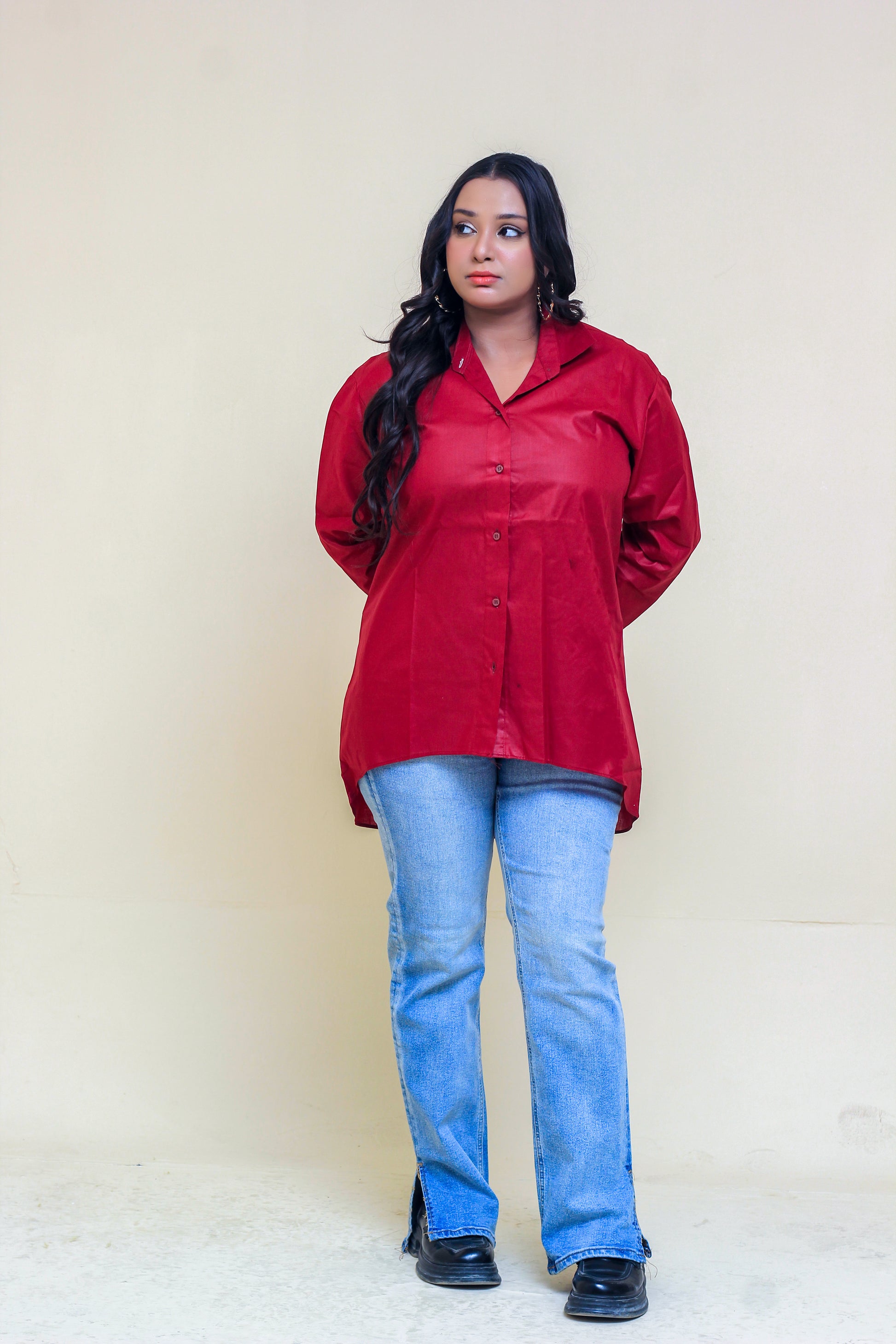 Maroon Button Down Casual Loose Long Sleeve Shirt