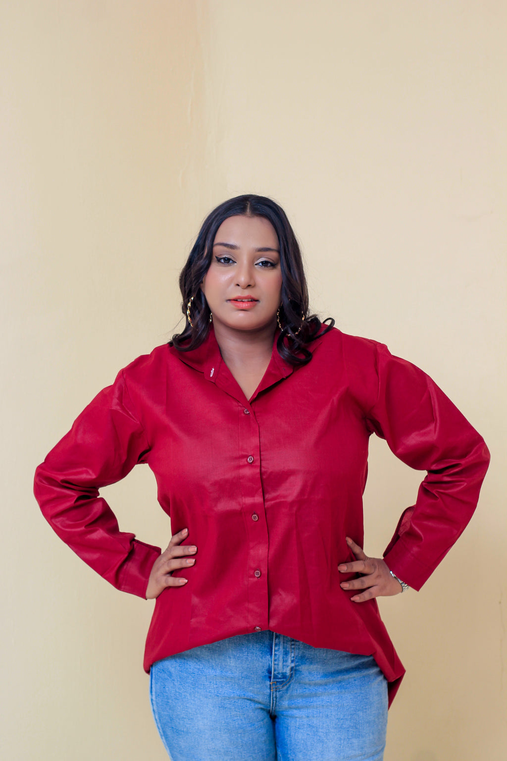 Maroon Button Down Casual Loose Long Sleeve Shirt