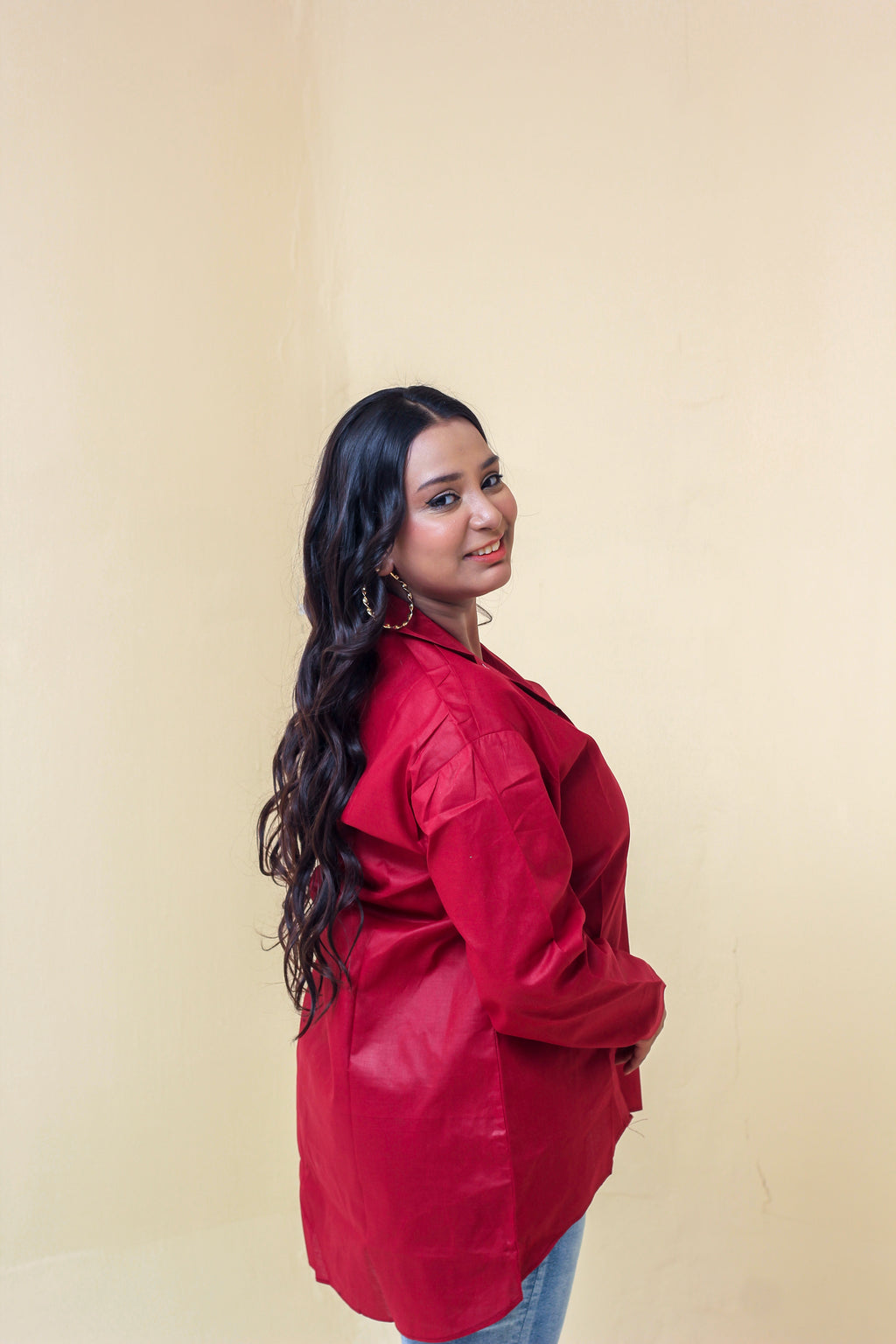 Maroon Button Down Casual Loose Long Sleeve Shirt