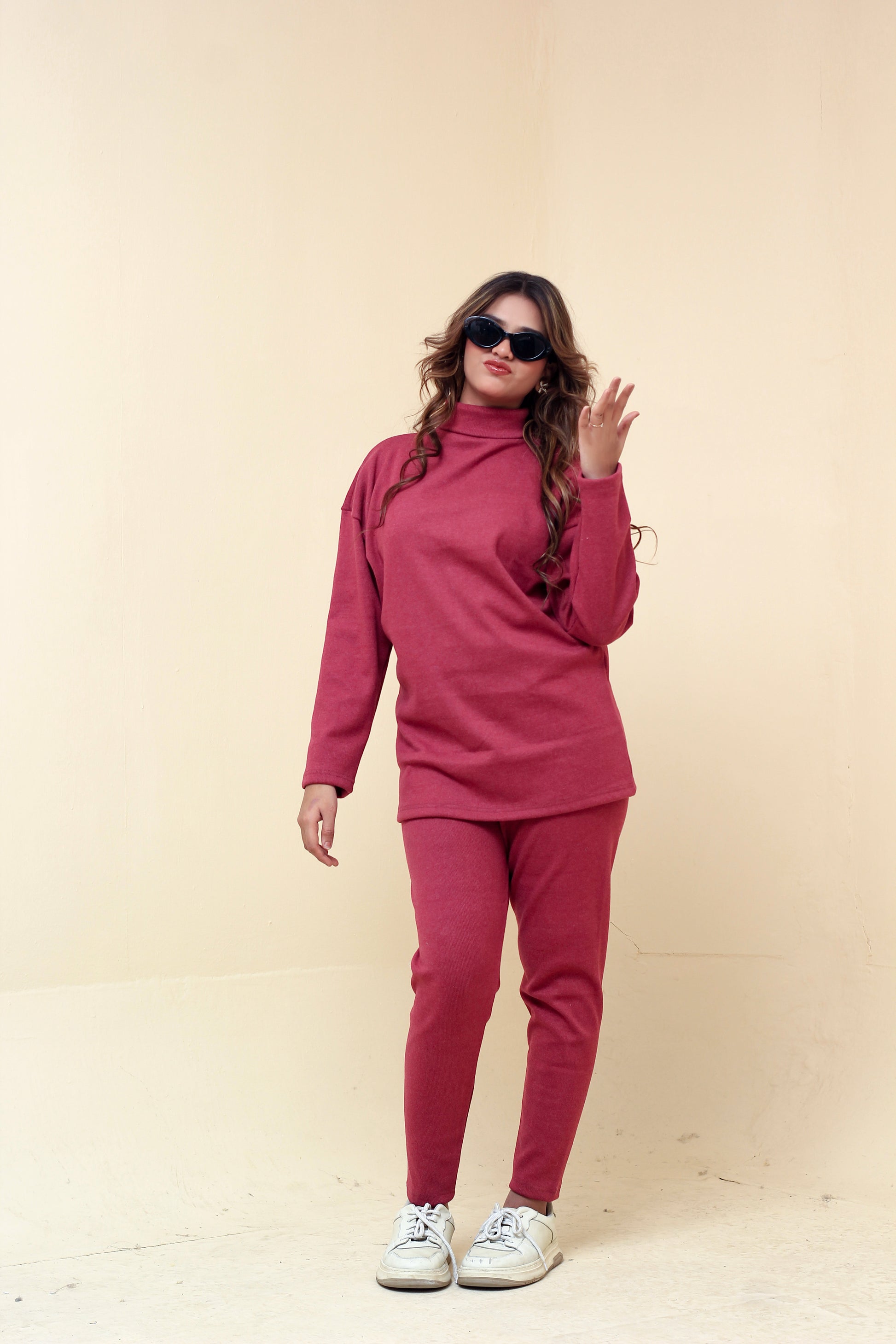 Zaibaish Turtleneck Drop-shoulder Knit Co-ord Set- MAROON