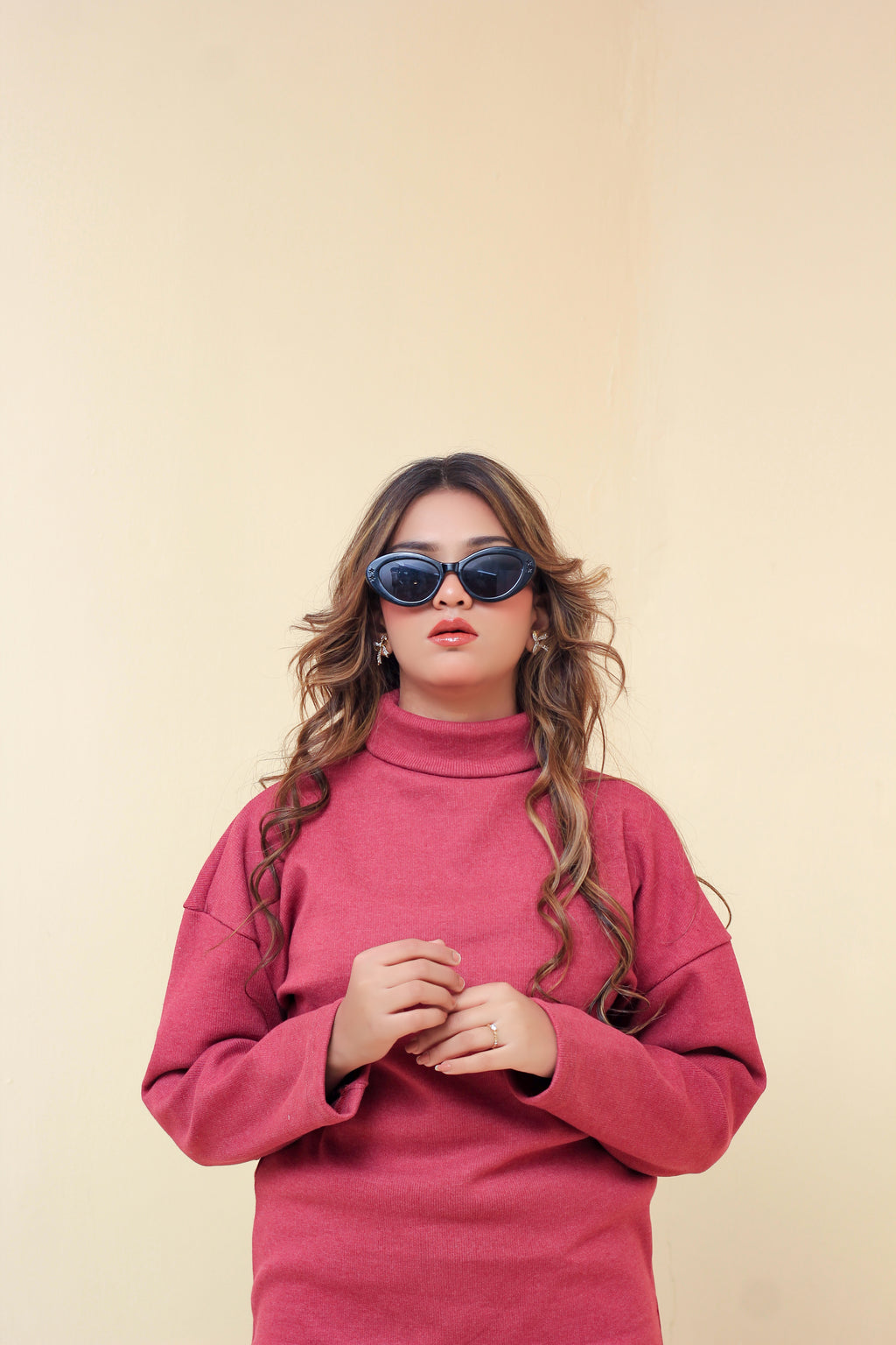 Zaibaish Turtleneck Drop-shoulder Knit Co-ord Set- MAROON