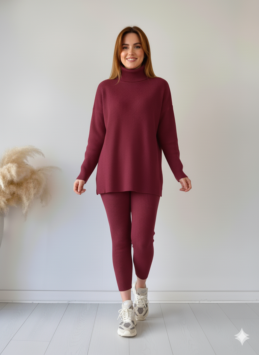 Zaibaish Turtleneck Drop-shoulder Knit Co-ord Set- MAROON