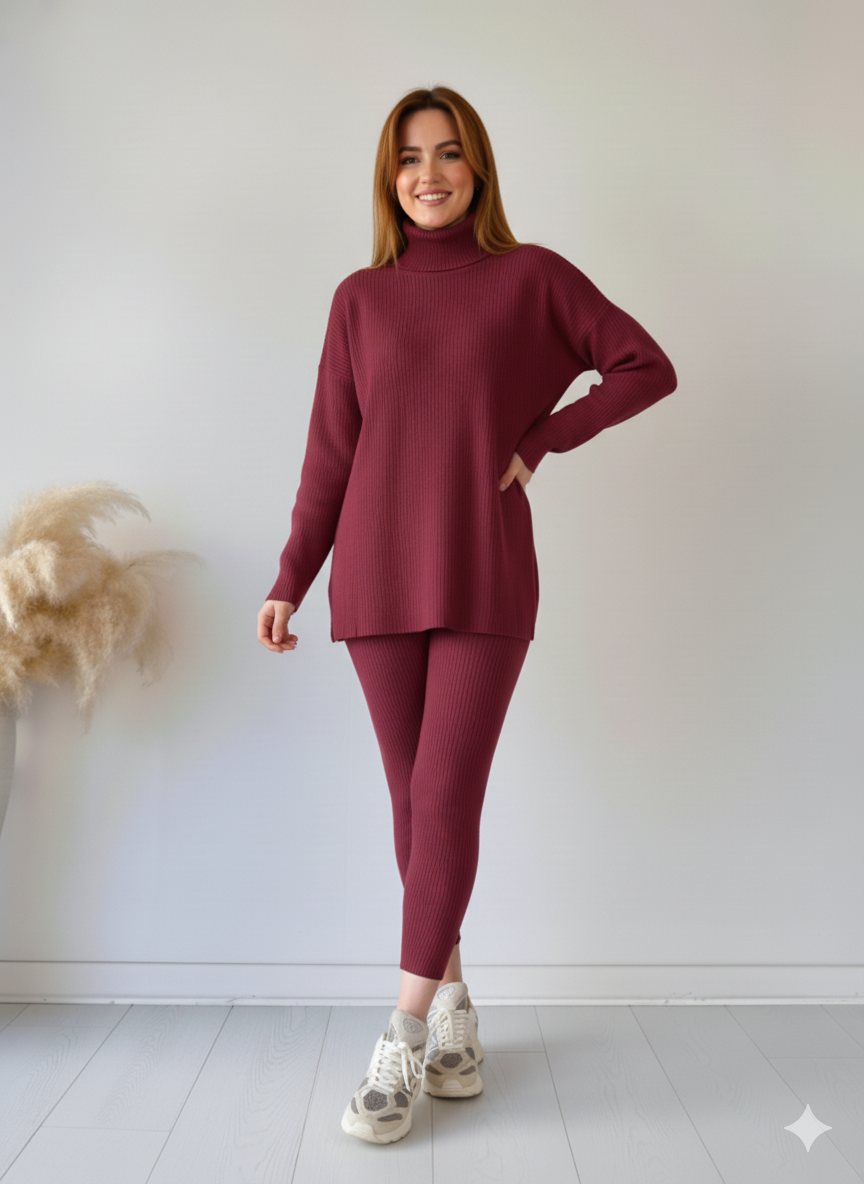Zaibaish Turtleneck Drop-shoulder Knit Co-ord Set- MAROON