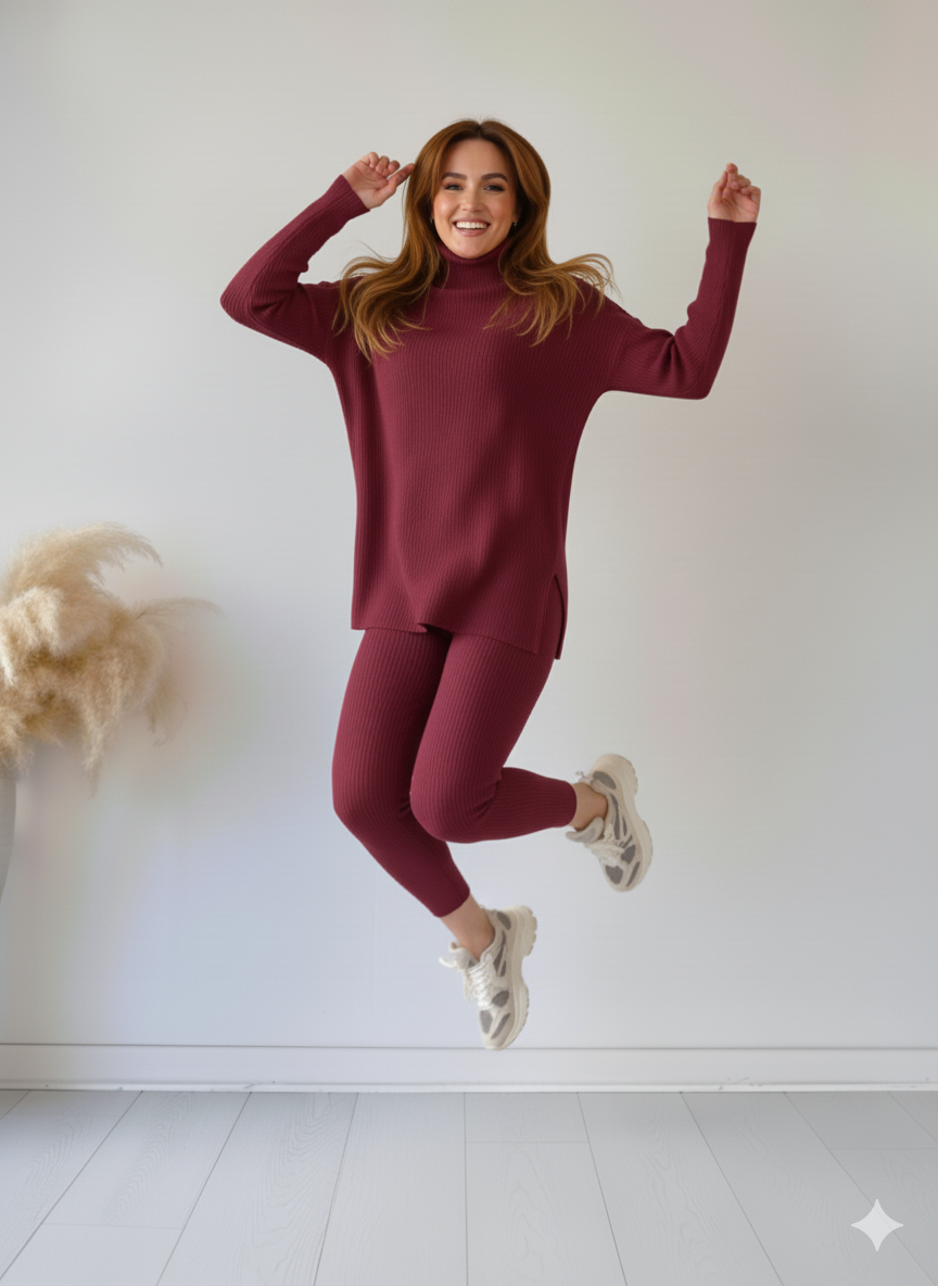 Zaibaish Turtleneck Drop-shoulder Knit Co-ord Set- MAROON