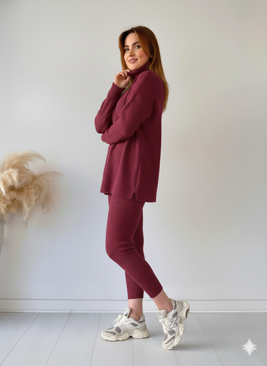 Zaibaish Turtleneck Drop-shoulder Knit Co-ord Set- MAROON