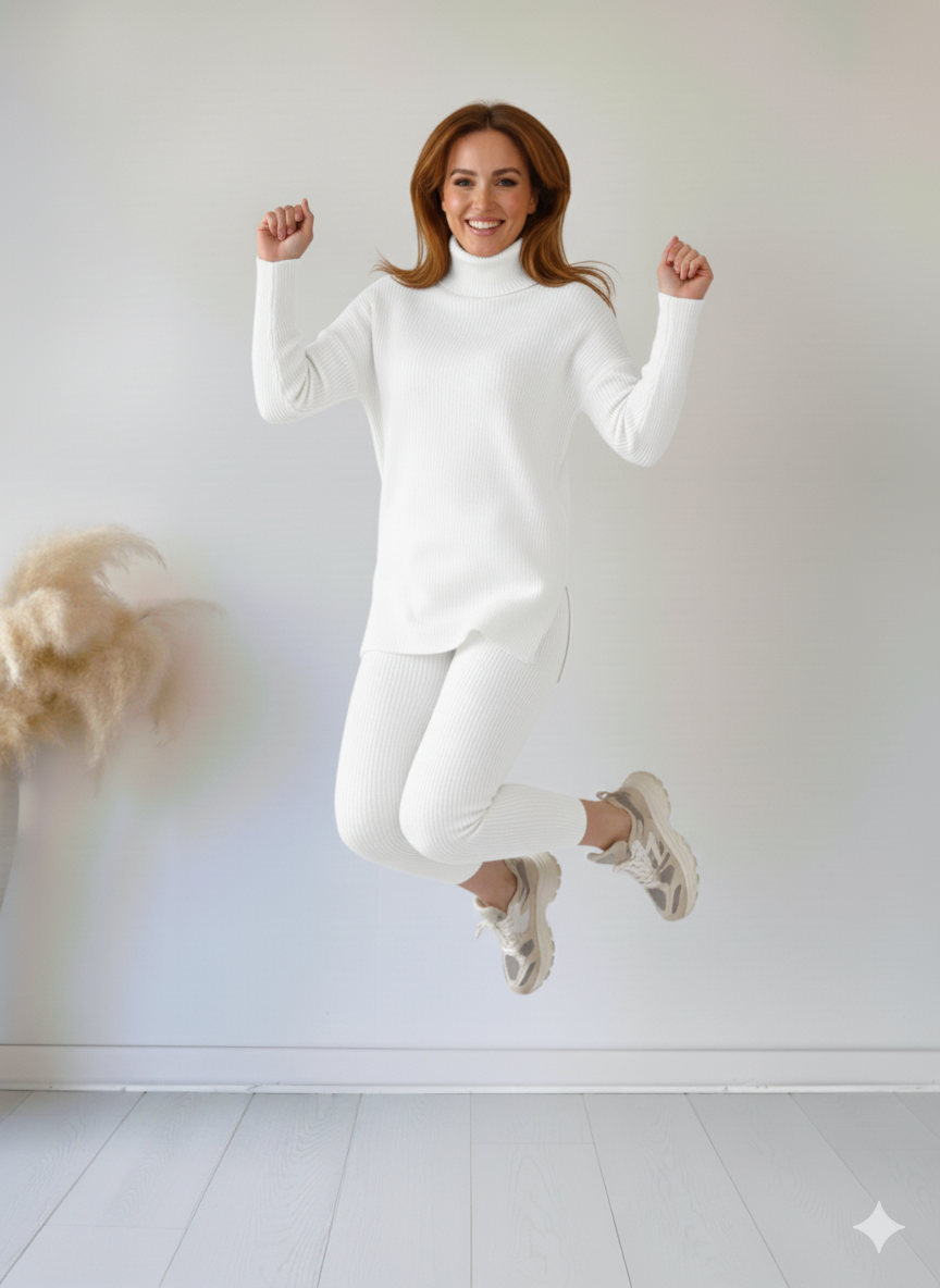 Zaibaish Turtleneck Drop-shoulder Knit Co-ord Set- WHITE