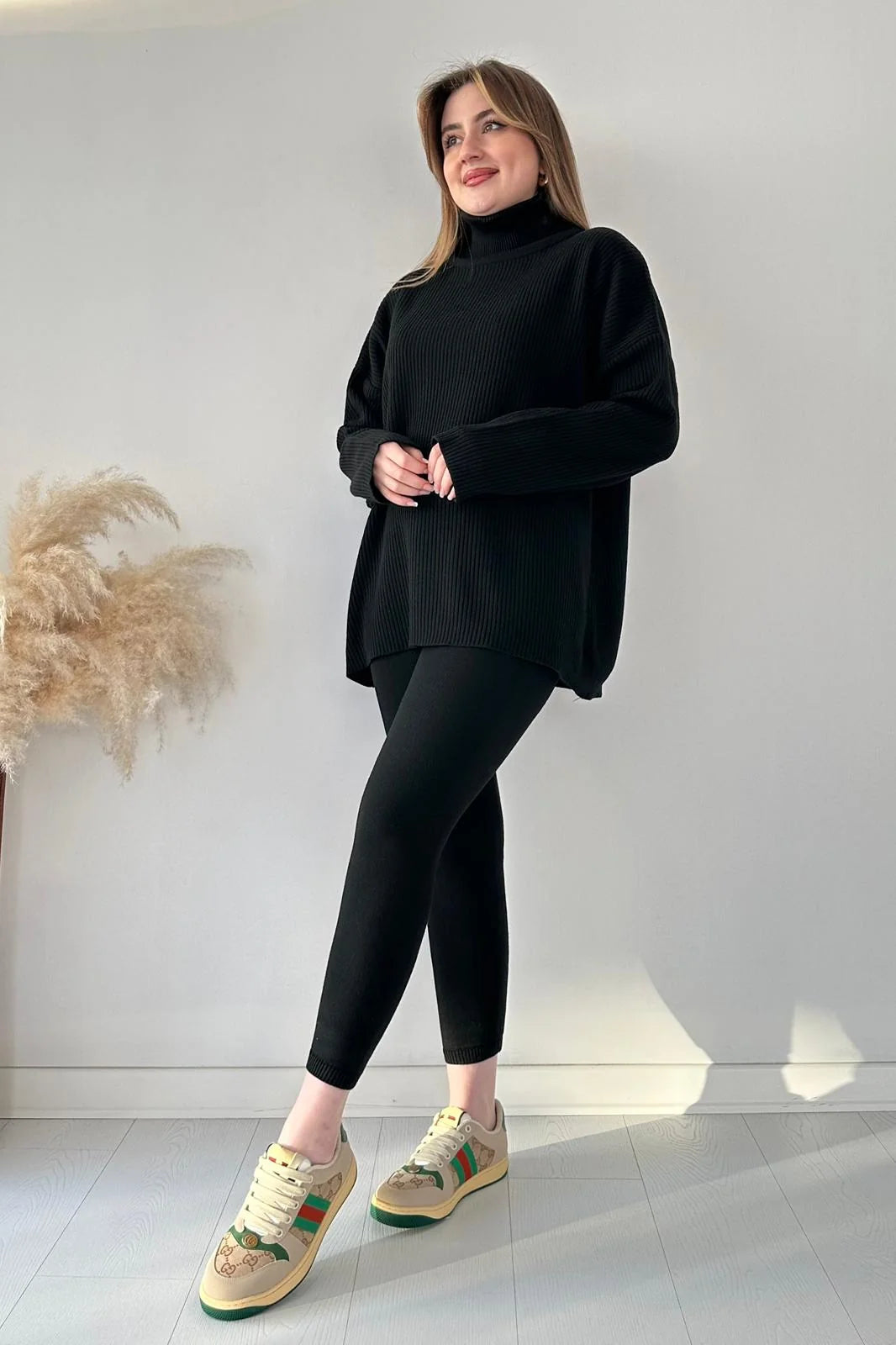 Zaibaish Turtleneck Drop-shoulder Knit Co-ord Set- BLACK