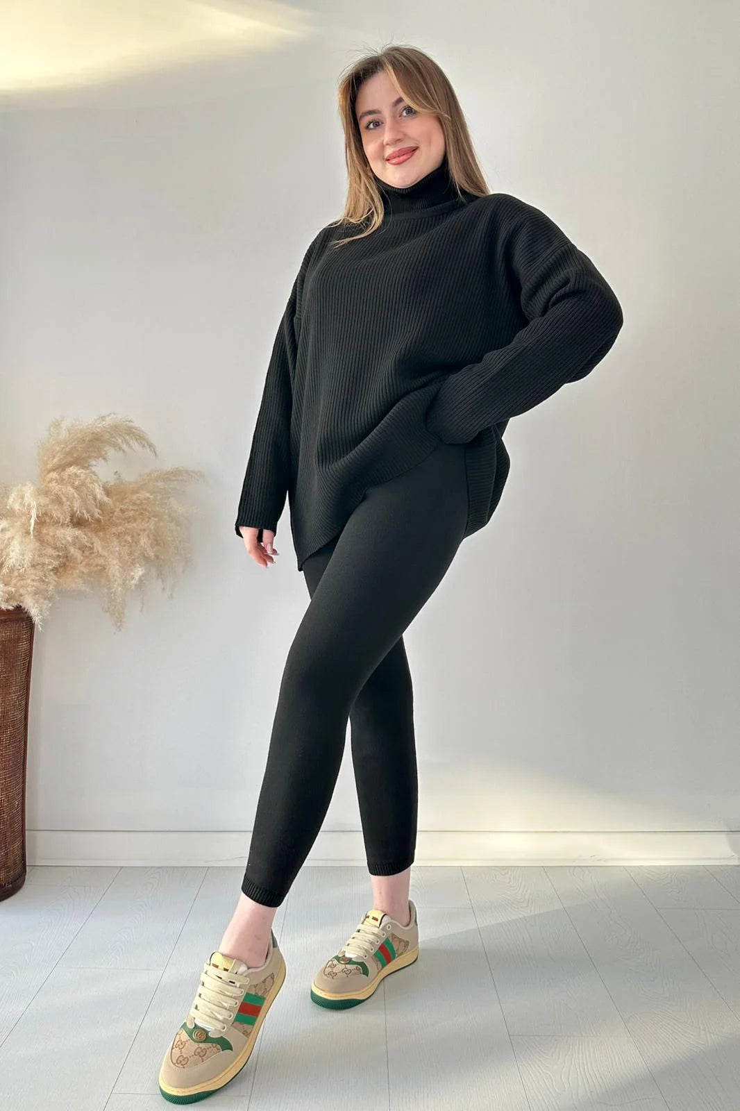 Zaibaish Turtleneck Drop-shoulder Knit Co-ord Set- BLACK