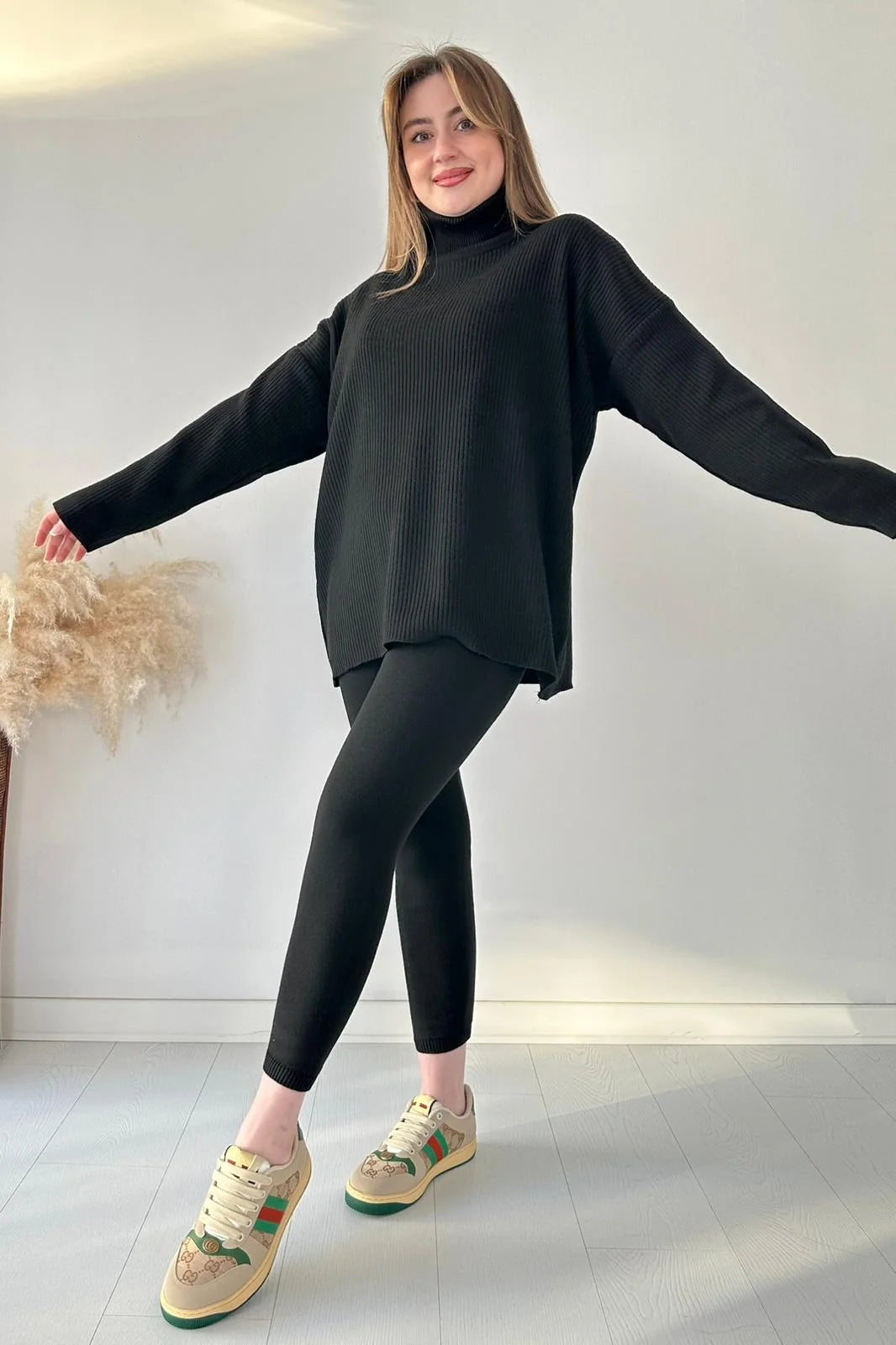 Zaibaish Turtleneck Drop-shoulder Knit Co-ord Set- BLACK