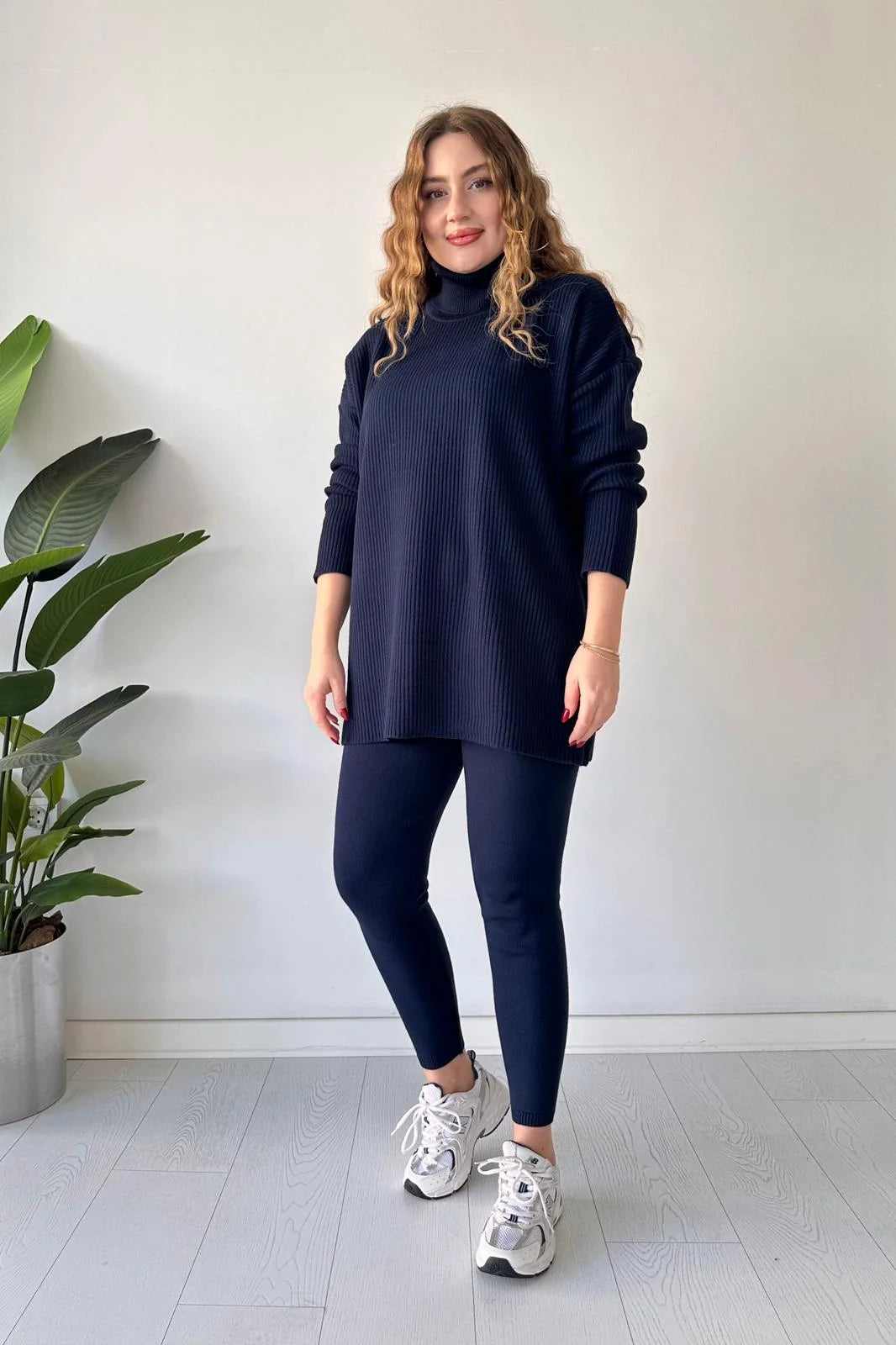 Zaibaish Turtleneck Drop-shoulder Knit Co-ord Set- BLUE