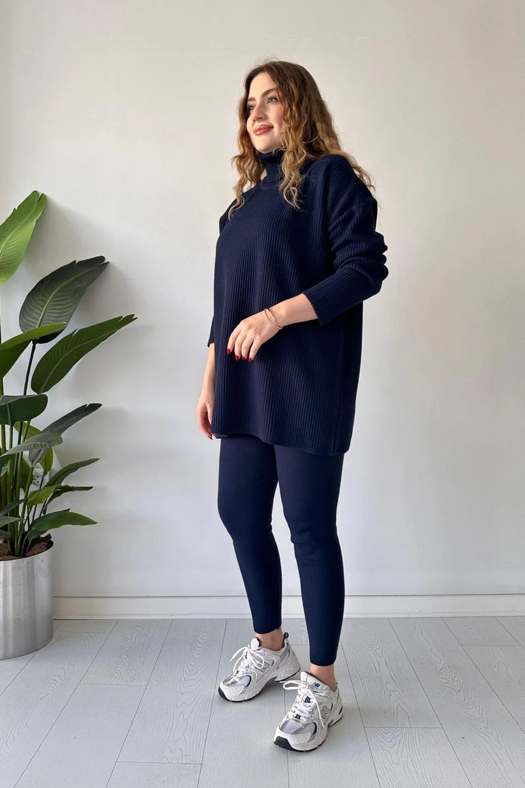 Zaibaish Turtleneck Drop-shoulder Knit Co-ord Set- BLUE