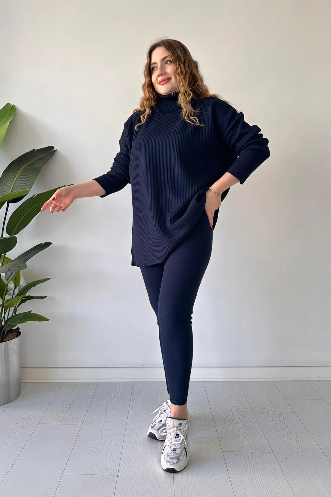 Zaibaish Turtleneck Drop-shoulder Knit Co-ord Set- BLUE