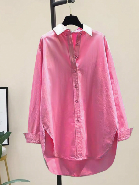 Pink Button Down Casual Loose Long Sleeve Shirt