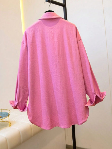Pink Button Down Casual Loose Long Sleeve Shirt