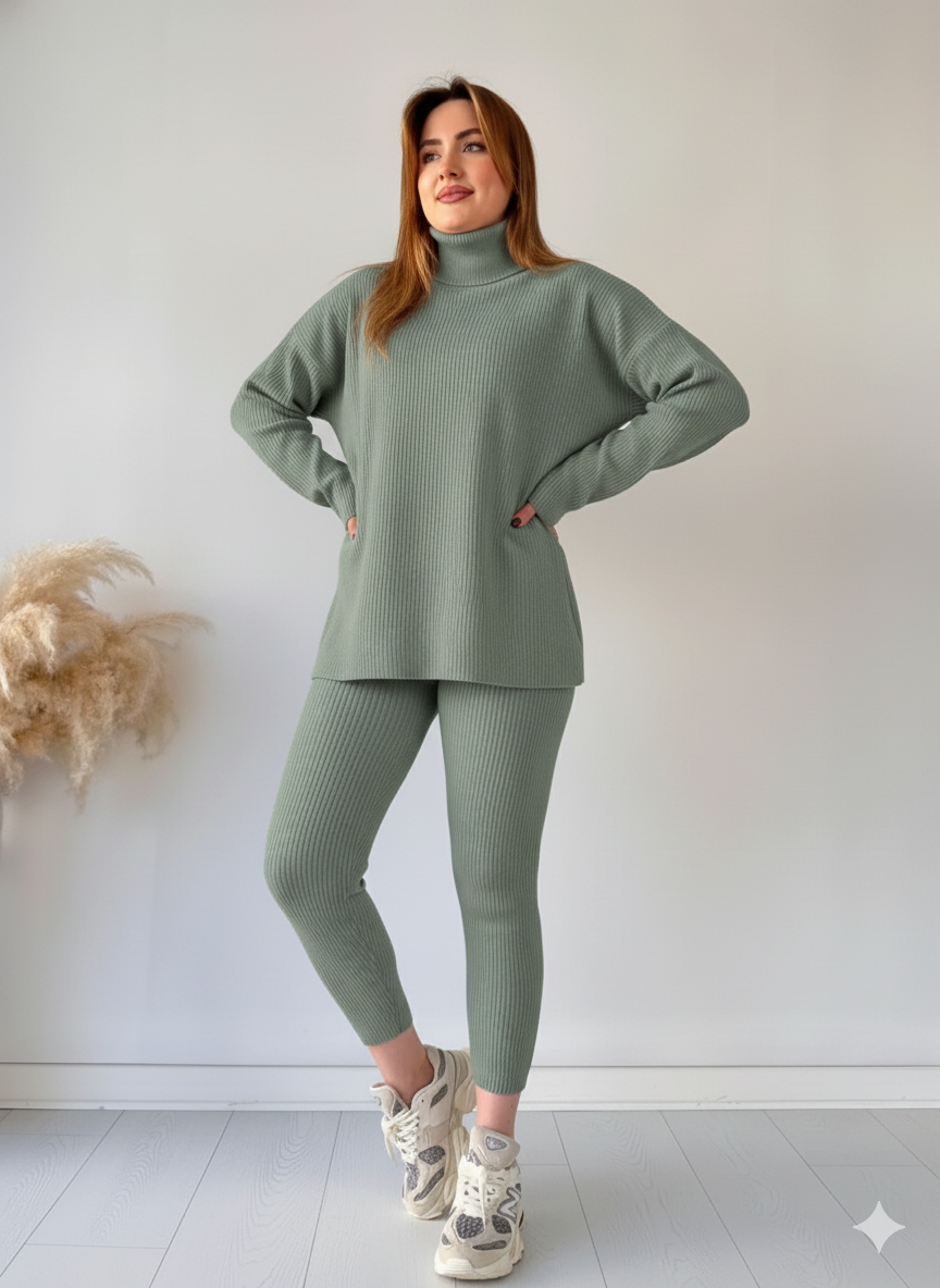 Zaibaish Turtleneck Drop-shoulder Knit Co-ord Set- GREEN