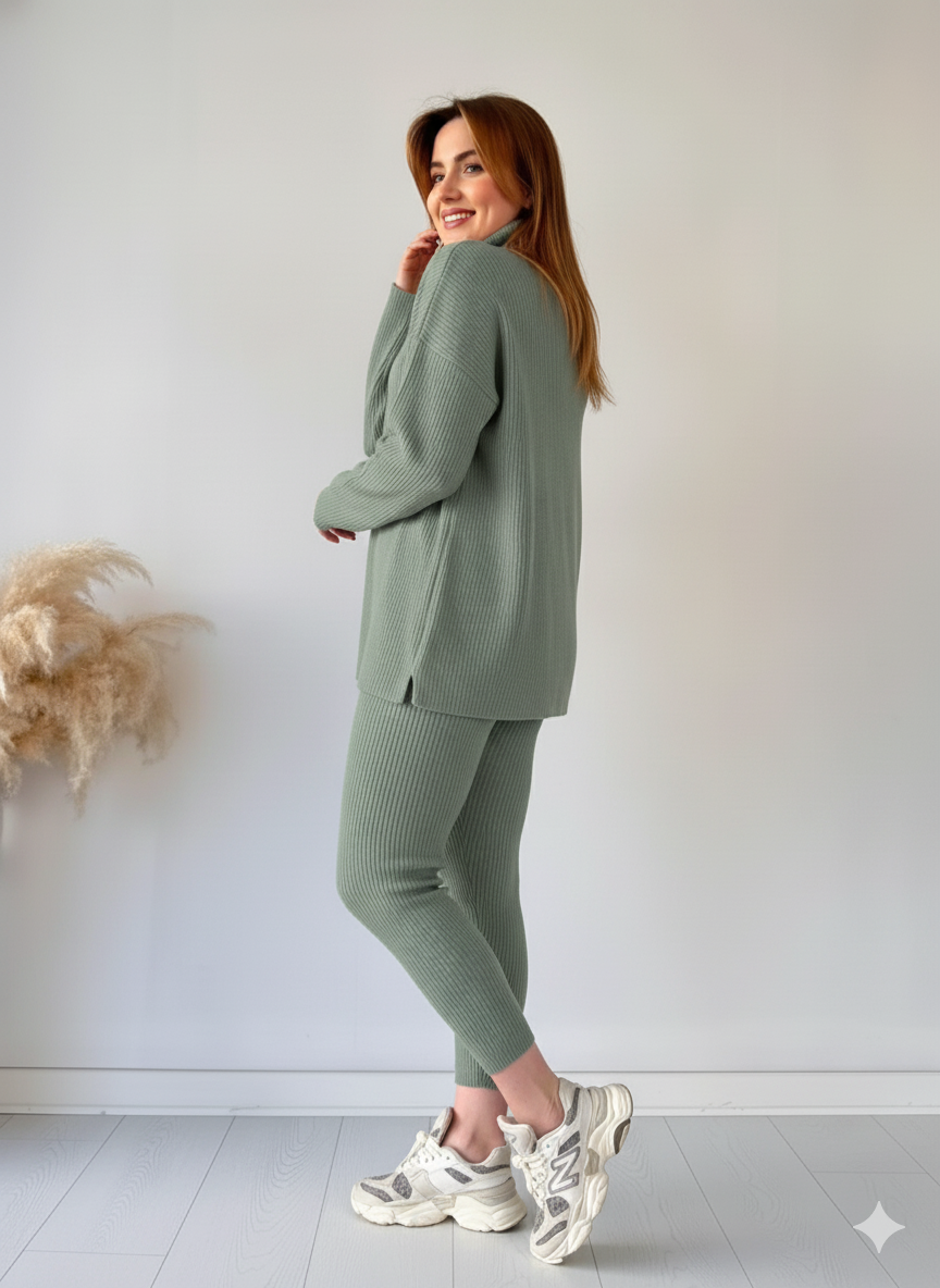 Zaibaish Turtleneck Drop-shoulder Knit Co-ord Set- GREEN