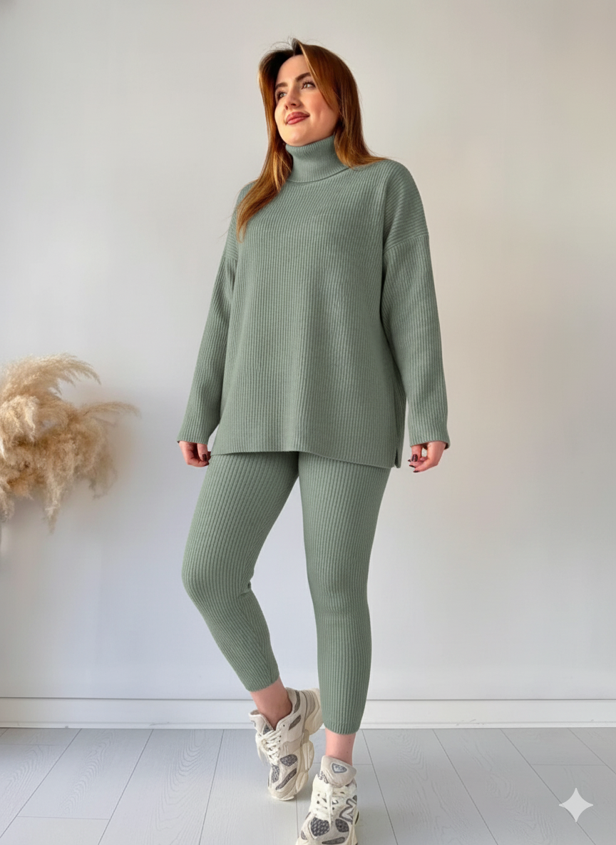 Zaibaish Turtleneck Drop-shoulder Knit Co-ord Set- GREEN